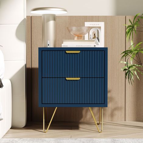 BLANKETSWARM - Lot de 2 tables de chevet scandinaves – MDF et acier – 2 tiroirs – 40 x 35.5 x 50 cm – Couleur bleue avec pieds dorés (1/4)