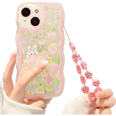 Compatible avec la coque iPhone 14, cette adorable coque transparente à motif floral et lapin avec dragonne en perles en forme de cœur est idéale pour les femmes. (1/5)