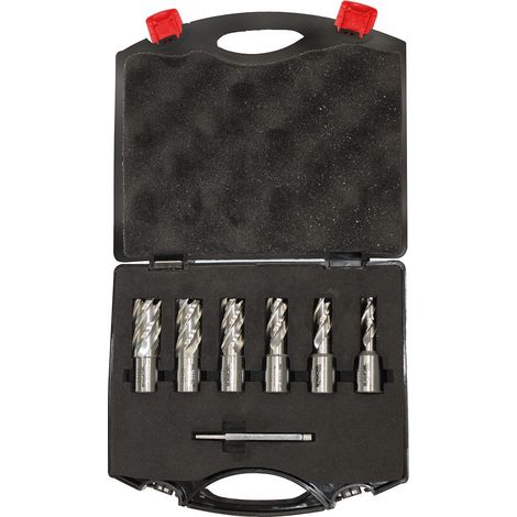 Jeu de 6 mèches à carotter HSS 12-22 mm – Queue Weldon 19,05 mm – Profondeur de coupe 25 mm – Tige courte 6,34/5,3x77 mm – HQS625 – Mw-Tech (1/2)