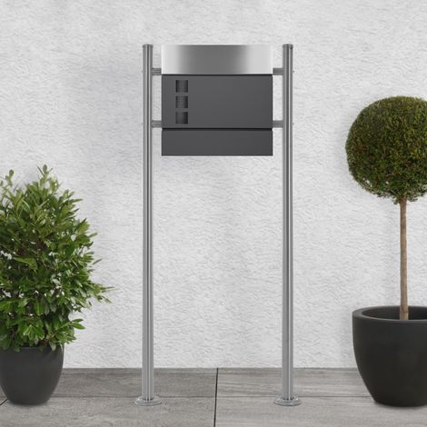 ECD Germany Boîte aux Lettres sur Pieds, Anthracite/Argent, 37x10x36,5 cm, en Acier Inoxydable, Mailbox Moderne, Compartiment à Journaux, 2 Clés, Support Argent Haut 120 cm, Materiel de Montage Inclus (1/5)
