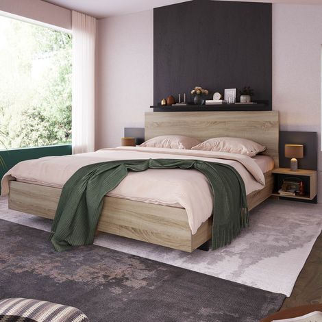 Lit double en bois 160x200 cm avec 2 chevets suspendus Lit adulte, sommier à lattes, bois certifié FSC, Chêne Sonoma et gris foncé (1/5)