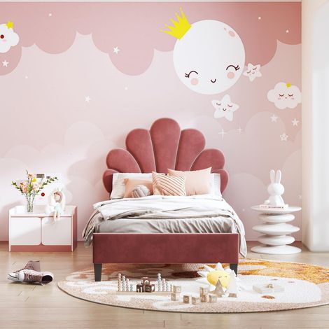 JOOKGBD-Lit Enfant 90x200 cm,Lit Rembourré 90x200 cm avec Tête de Lits Réglable,Lit Simple de Princesse en Forme de Fleur,Lit pour fille,Lit Adolescent,Sommier à Lattes,velours,Rouge