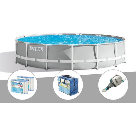 Kit piscine tubulaire Intex Prism Frame ronde 4,57 x 1,07 m + Bâche à bulles + 6 cartouches de filtration + Aspirateur (1/2)