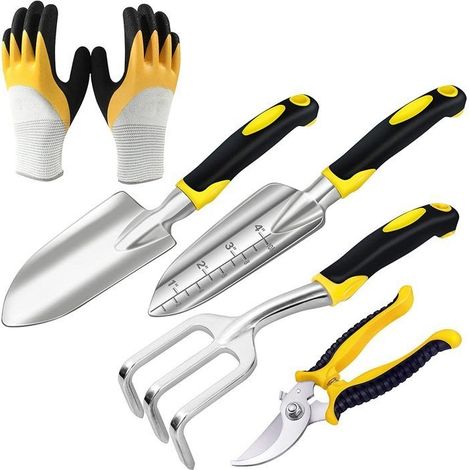 5 Pièces Outils Jardin-Têtes Robustes Alu Fonderie - Poignées Antidérapantes Caoutchouc-Pelle, Hoe, Cultivateur, Ciseaux, Gants (1/5)