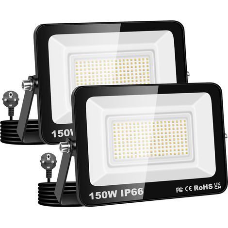 2 Pack 150W Projecteur d'extérieur,Sécurité projecteur 15000lm avec prise 230V,IP66 étanchéité lampe de travail extérieure,4000K éclairage extérieur blanc chaudpour cour patio parking jardin (1/5)