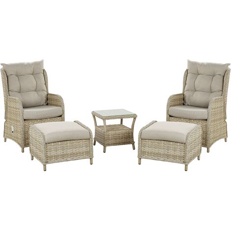 Conjunto de muebles de exterior cojines de poliéster marco de aluminio ratán sintético beige mesa de vidrio templado estante Ponza (1/5)