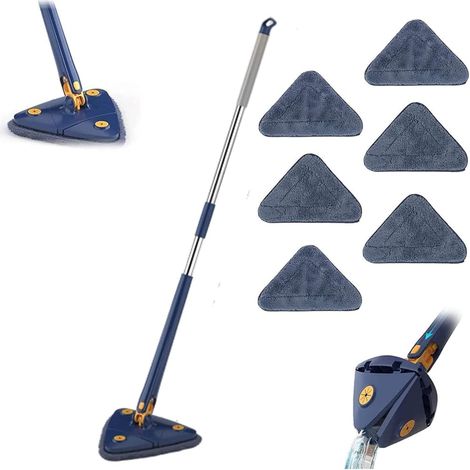 Balai rotatif 360° réglable pour sol et plafond, 5 lingettes microfibres avec compression d'eau automatique, balai lave-sol bleu. (1/5)