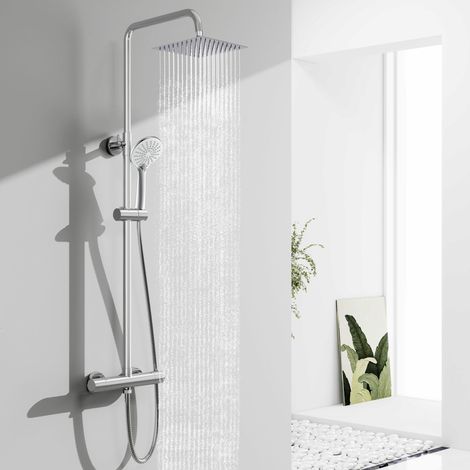 OCEAN Colonne de Douche Thermostatique Salle de bain, Colonne de Douche Réglable avec Douchette 3 Jets, Anti-brûlure, Ensemble de Douche en Inox 304, Chrome