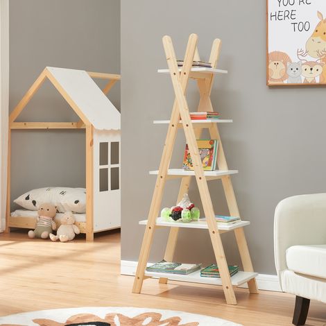 Scaffale a Scala per Cameretta Vanlilu Libreria Bassa per Bambini 145x65x32 cm Naturale / Bianco [en.casa]