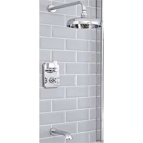 Milano Elizabeth 2 Outlet Twin Diverter Thermostatic Mixer Shower Valve with 205mm Round Rainfall Shower Head and Wall Mounted Bath Spout - Chrome and White (1/5)