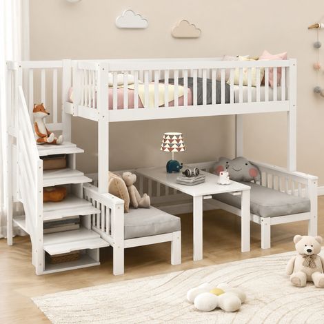 Lit superposé enfant 90x200 cm et 120x200 cm en bois blanc avec bureau relevable - CHICFURN (1/5)