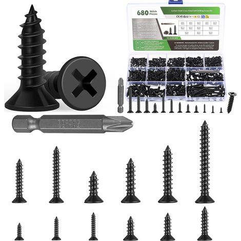 Assortiment de 680 vis autotaraudeuses M2 M3 M4 pour vis à bois, petites vis à tête plate en croix assorties pour poignées de porte, armoires de cuisine, fixation en bois (noir) (1/5)