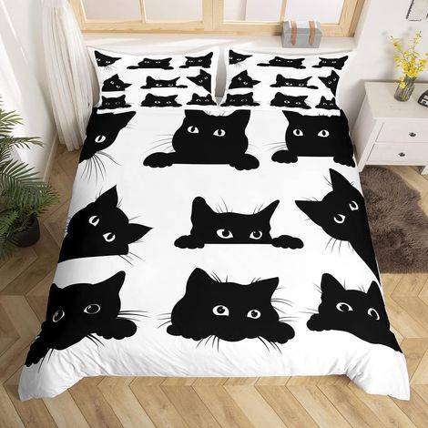 Chat Noir Chat Mignon Housse de couette Chat Kawaii Housse de couette Soft Parure de lit 135 x 200 cm (1/5)