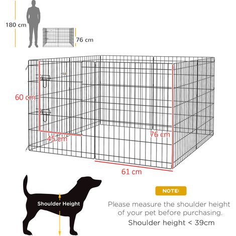 Parc pour chiots noir métal hauteur 76cm huit panneaux serrure, enclos DIY modulable moyens chiens lapins cochons d’inde intérieur extérieur (1/5)