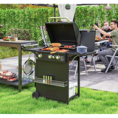 Barbecue gaz brûleurs indépendants couvercle thermomètre table chevet, noir