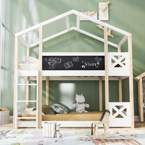 Letto a soppalco per bambini in legno massello bianco 90x200 cm con scala, tetto a casetta e reti incluse