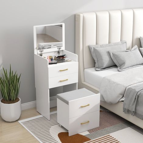 Coiffeuse en bois blanc 3 en 1 avec miroir, tabouret a roulettes et 2 tiroirs (1/5)