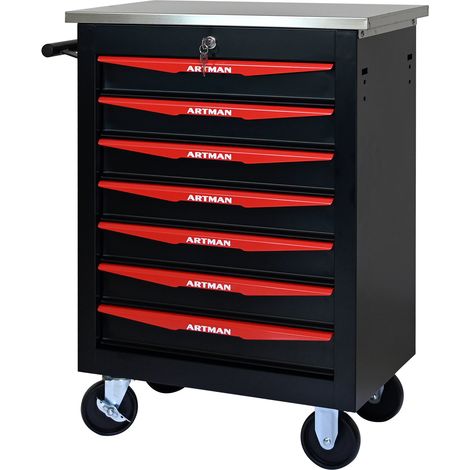 Carro de herramientas de acero de 7 cajones con ruedas, encimera inox, negro/rojo MODENUIT (1/5)