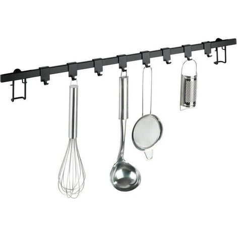 Barre de crédence cuisine Gala, Porte Ustensiles de cuisine mural avec 8 crochets de suspension pour accessoires de cuisine, fixation murale, Acier, 60x4x2,5 cm, Noir Mat (1/3)