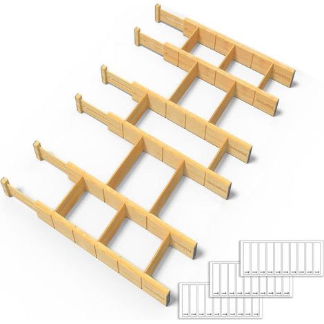 Séparateurs de tiroir en bambou avec inserts et étiquettes, réglables, pour l'organisation extensible pour la maison, la cuisine, la salle de bains, 6 séparateurs, 12 inserts (43,2-55,9 cm) (1/4)