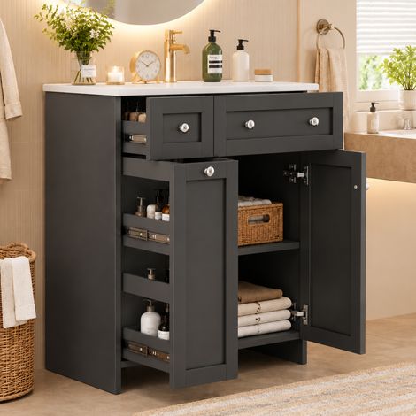 Meuble-lavabo sur pied 76x47x86cm, finition laquée noire, vasque céramique imperméable, 8 tiroirs à fermeture amortie, glissières silencieuses, meuble salle de bain moderne. (1/5)