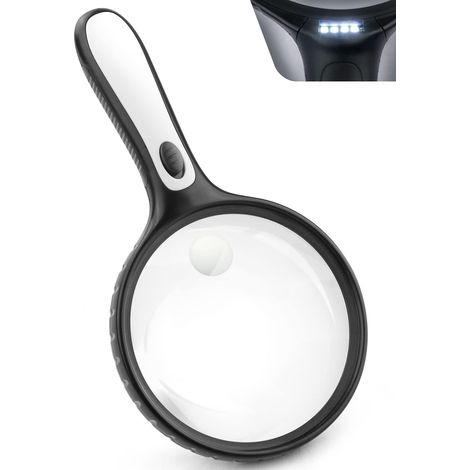 Loupe avec lumière, 2X et 6X Grandes loupes de Lecture Portables, loupe éclairée à 4 LED pour la Lecture des Personnes âgées, Basse Vision, Petites Impressions, Carte, Timbres(sans batterie) (1/5)