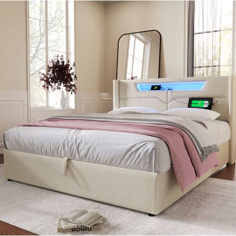 letto matrimoniale contenitore LED USB beige OKMYHOME