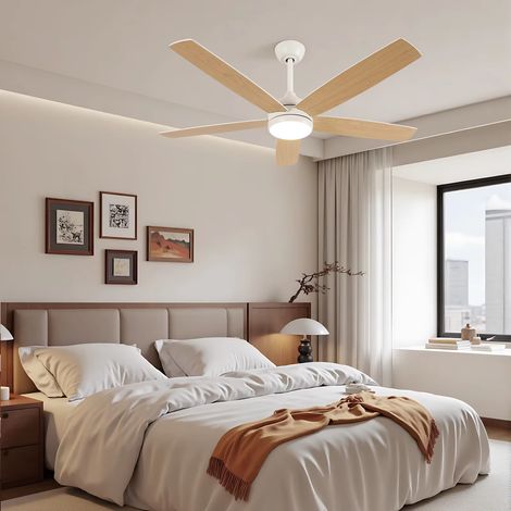 Ventilateur plafond bois LED – Moteur DC 35W réversible, dimmable 3000K-6500K – Naturel (1/4)