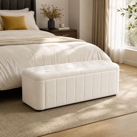 DESMIU Banc Coffre en Velours Capitonné avec Rangement, Bords Arrondis, Beige (1/3)