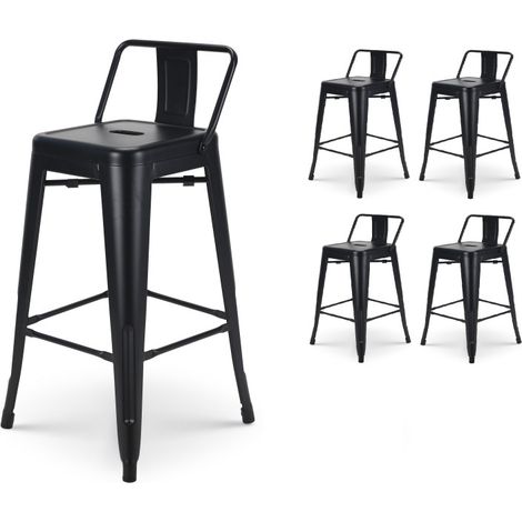 Lot de 4 tabourets de bar en métal noir mat style industriel - Avec dossier - Hauteur 66cm