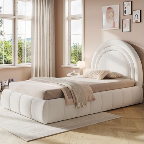 Letto imbottito per bambini stile fiabesco bouclé beige 90x200 cm con testiera, rete a doghe e vano contenitore idraulico (1/5)
