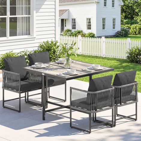 Polyrattan Mobilier de jardin Set 5 pièces Groupe d‘assises Économiseur d’espace Table avec 4 chaises Planche de table DPC Coussin Gris (1/5)