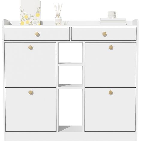 Scarpiera bianca salvaspazio con 4 ante a ribalta, 2 cassetti e 3 vani aperti, per ingresso e corridoio, in pannello truciolare, 110 x 26 x 100 cm - CHICFURN (1/5)