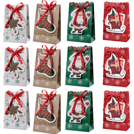 Lot de 12 sacs en papier, sacs cadeaux Noël, carton recyclable 190g, rubans flocons, décoration intérieur (1/5)