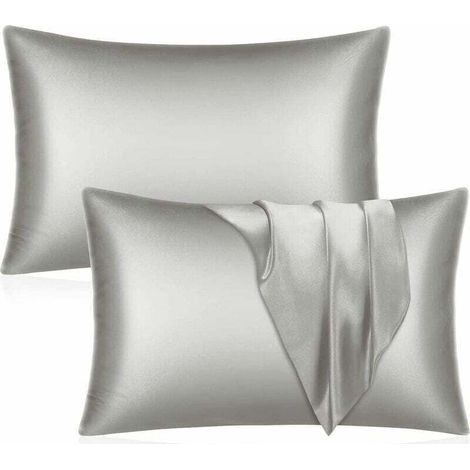 Taies d'oreiller en satin anti-rides et anti-frisottis – Lot de 2 pièces grises 51 x 76 cm, fermeture enveloppe (1/5)