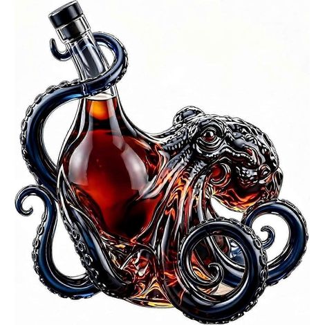 Handgefertigte, bleifreie Glaskaraffe mit Kraken- und Oktopusmotiv, ideal zur Aufbewahrung von Spirituosen in der Hausbar oder als Geschenk. 2 Stück