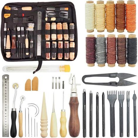 Ensemble d'outils professionnels pour travail du cuir - Pour couture, points, sellerie et vêtements - Kit d'artisanat du cuir (1/5)