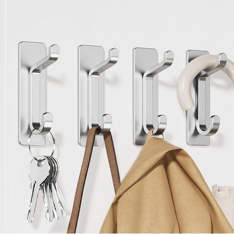 LaBlanc - Gancho de pared adhesivo, toallero de baño, perchero de cocina, perchero adhesivo, montaje en pared sin taladrar, impermeable, antioxidante, plateado, 4 piezas