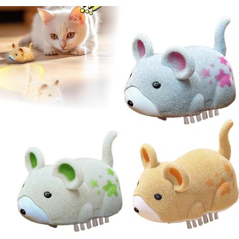 JeiibrZui Jouet interactif électrique pour chat en forme de hamster - Souris auto-mobile - Évitement d'obstacles - Soulagement du stress pour chats - Matière peluche - Jaune kaki gris (1/5)