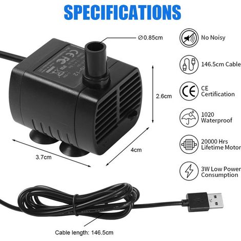Mini Pompe à Eau Submersible USB 5V pour Aquarium Fontaine Bassin et Distributeur d'eau pour Chat 200L/H