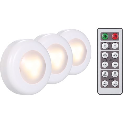Lot de 3 lampes LED rondes à placer sous un meuble, avec télécommande, luminosité réglable, variateur et minuterie, idéales pour les placards, les armoires et la cuisine. (1/2)