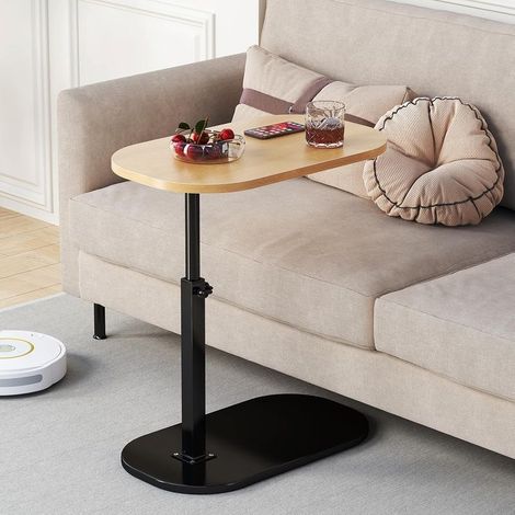 Table d'appoint, table de chevet en forme de C, table d'appoint fine réglable en hauteur, meuble TV pivotant à 360°, tables basses avec fond coulissant, petites tables basses couleur bois (1/5)