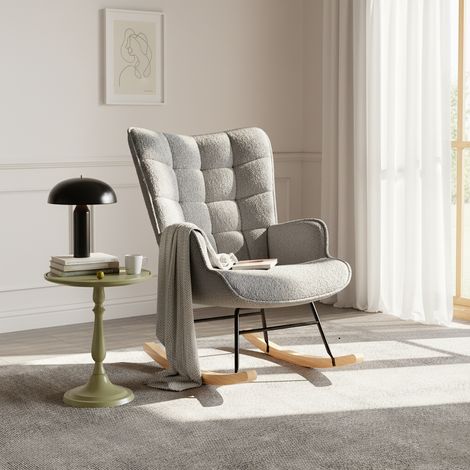 Fauteuil à bascule matière polaire teddy - balancelle relaxante, coussin dos haut, 75x68x92 cm, Pieds imitation bois, confort optimal - gris foncé (1/5)