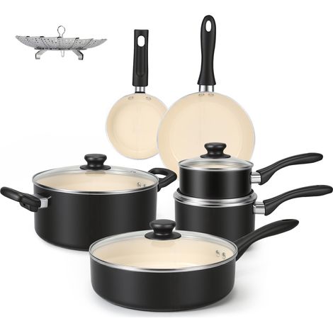 11 pièces ustensiles avec casseroles et poêles antiadhésives en céramique, noir et crème (1/5)
