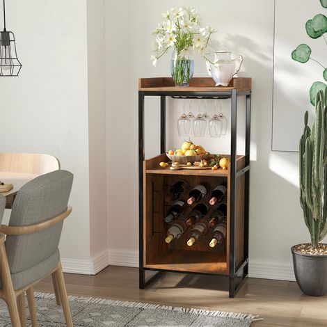 Cave à Vin Industrielle pour 9 Bouteilles avec Support à Verres, Étagère en Bois Marron, Meuble de Rangement Vintage, Porte-Bouteilles en Métal et Bois, Idéal pour Cuisine ou Bar. (1/5)