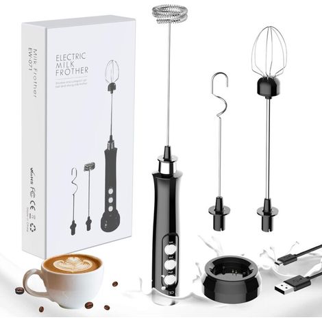 Mousseur à Lait, Machine à Mousse électrique Portative, Mélangeur de Boisson 3 en 1, Station de Chargement USB avec 3 Fouets en Acier Inoxydable pour Café, Lait et Cuisine Noire-Fei Yu (1/5)