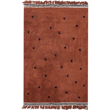 Alfombra rectangular moderna de algodón con puntos y franjas en color marrón 140 x 200 cm Laza