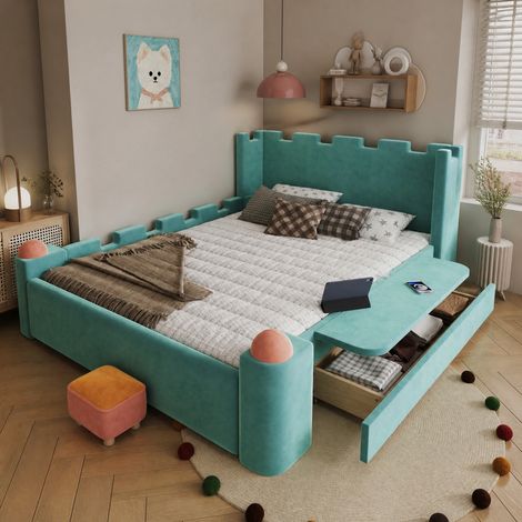 Cama infantil 140x200 cm con cajón y estante lateral abatible, azul verdoso DESVIAE (1/5)