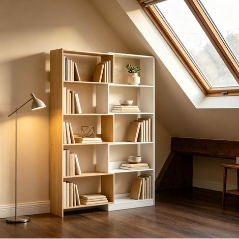 Étagère pivotante 350° à 5 niveaux en panneau de particules chêne et blanc OKWISH (1/5)
