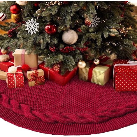 Tapis rond en tricot rouge foncé de 122 cm (48 pouces) pour sapin de Noël, motif sapin bordeaux, idéal pour les décorations de sapin de 1,8 à 2,4 m (6 à 8 pieds). (1/5)